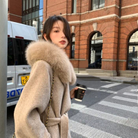 2023 Woolen fur,New Women real woolen Cashmere Coat For Women With Fox Fur collar outerwear winter women's cold real fur coat