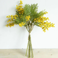 Autumn Artificial Mimosa Flower Branch Tropical Palm Leaves False Yellow Stamen Silk Acacia Flower Fake Plant Decor