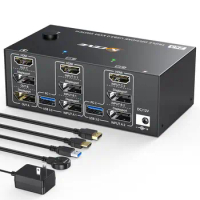 Triple Monitors KVM Switch ,2 Displayport + HDMI USB KVM Switch 8K@60Hz,4K@144Hz 3 Monitors 2 Computers KVM with 4 USB 3.0 Ports