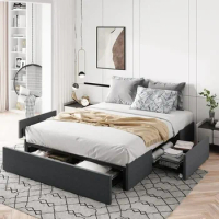Queen Size Platform Bed Frame With 3 Storage Drawers Easy Assembly Murphy Bed Rules and Tires Fabric Upholstered Dark Grey King