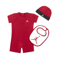 NIKE 耐吉 包屁衣 Jordan Jumpman Baby Rompers 紅 黑 小朋友 帽子 口水巾 純棉(JD2413038NB-001)