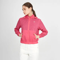 【Munsingwear】企鵝牌 女款桃紅色可拆帽領抽褶薄外套 MLTL6601