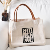 Self-love Club Print Women Lady Canvas Tote Bag Gifts for Mom Mother Shopping Bag Beach Bag Travel Bag Book Bag