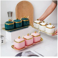 khay đựng gia vị bằng sứ đủ màu kèm thìa và khay. hũ đựng gia vị bằng sứ
