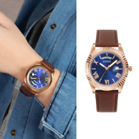 【GUESS】玫瑰金框 藍面 羅馬刻度 棕色皮革錶帶 星期日期窗格顯示 手錶 男錶 情人節(GW0353G2)