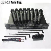 UHF Wireless Microphone System with 8 Handheld Dynamic Cardioid Radio Mic Adjustable Frequency for DJ Stage KTV Karaoke