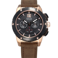 FIYTA 飛亞達 紳士粗獷系列石英腕錶-黑x深咖啡色錶帶/46mm