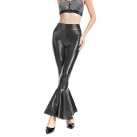 Women Leather Pants Shiny Metallic Flare Leggings For Women Sexy High Waisted Bell Bottom Pants Stretch 70s Disco Trousers 4
