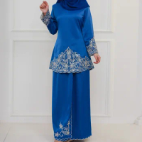 Luxury Spring Embroidery Muslim Sets Long Sleeve Turkish Tops Skirts Abaya Solid Islamic Clothing 2PCS Baju Kurung Malaysia Set