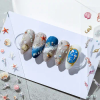 1 Sheet 5D Realistic Relief Underwater World Sea Star Horse Jellyfish Shells Adhesive Nail Art Stickers Decals Manicure Charms
