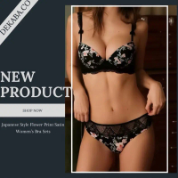 dekaba Bra Set Wanita Motif Bunga Gaya Jepang Satin Setelan Bra dan Celana Dalam dengan Desain Elega