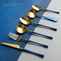 鉑玉 藍柄餐具叉子主餐勺可愛喝湯勺子304不銹鋼家用西餐牛排刀叉