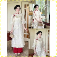 ♨Set áo dài thời trang nữ chất tơ cổ tròn đính nút bọc họa tiết thêu trang nhã phối quần mango dài ố