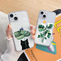 Retro Banana Leaf Plant Cute Cat Clear Phone Case For iPhone 13 14 Pro Max XS XR X 12 11 Pro Max 13 12 Mini 7 8 Plus Back Covers