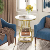 Round Side Table White Gold End Table 2-Tier End Table Modern Bedside Small Side Tables with Storage, Sofa Side Tables