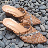 BSA010 | Sandal Selop Jala Brokat Heels Mules Wanita Terbaru Bustong Hak Chunky Sedang 3-5cm Karet M