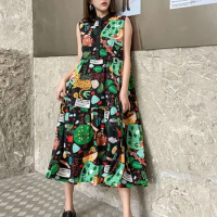 XITAO Print Pattern Dress Pleated Goddess Fan Casual Style Sleeveless 2024 Summer Minority Elegant Pleated Dress WMD7044
