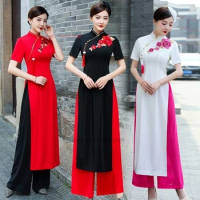 2024 vietnam woman ao dai dress chinese elegant cheongsam dress+pants set vintage flower embroidery banquet evening qipao dress