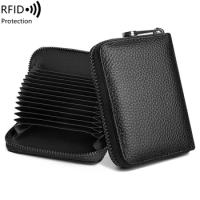 RFID genuine leather 14 slot credit card wallet with zipper suitable for women or men's accordion wallet