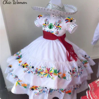 Mexican Embroidery Flower Girl Dress 2023 High Neck Short Sleeve Princess Charro Pageant Kids Dress Elegant Toddler Wedding Gown