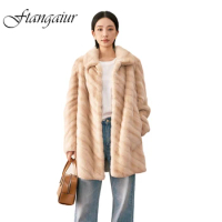 Ftangaiur Winter Coat For Women Import Swan Velvet Mink Fur Coat Women's Turn-Down Collar Full Sleeve Medium Real Mink Fur Coats