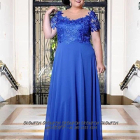 Blue Plus Size Long Mother of The Bride/Groom Dresses for Wedding Chiffon Simple Scoop Short Sleeves Women Evening Gowns Farsali