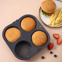 4 Holes Hamburger Burger Bun Mold Flexible Durable Hamburger Bun Baking Pan Perfect for Air Fryer Microwave Oven and Dishwasher