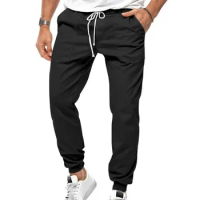 Solid Color Trousers Soft Casual Men's Pants with Elastic Waist Drawstring Ankle-banded Pockets Ideal for Commute Outdoor