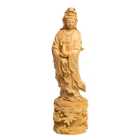 Sea Wave Guan Yin Statue, Wooden Buddha Statue, Wood Carving, Handmade Craft Bottle