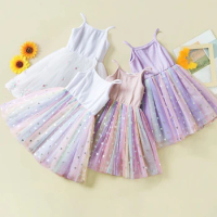 1-5 Yrs Toddler Kids Summer Princess Sling Dress Sleeveless Lace Mesh Sequined Stars Colorful Tulle Dress Baby Girl Clothes