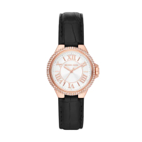 【Michael Kors 官方直營】Camille 摩登華麗雙鑽圈指針女錶 黑色真皮錶帶 手錶 33MM MK2962