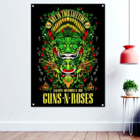 GUNS N ROSES Rock and Roll Skull Art Poster Hanging Cloth Heavy Metal Music Banner Canvas Painting Flags With Four Metal Buckle