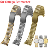 Curved End Watchband for Omega Seamaster Speedmaster DeVille Stainless Steel Strap 18mm 19mm 20mm Thin Bracelet Belt Silver Gold