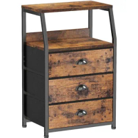 Nightstand with 3 Drawers and 2-Tier Shelf, Fabric Small Dresser Organizer Vertical Storage Tower