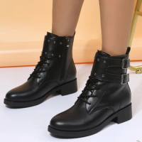 2022 Autumn Winter New Double Belt Buckle Round Toe Ankle Boots Thick Heel Chelsea Boots Gothic Shoes Botas De Mujer Size36-43