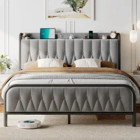 Queen Bed Frame with Type-C &amp; USB Port, Metal Platform Beds, with Velvet Upholstered Headboard &amp; Footboard, 12" Underbed Storage