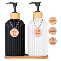 Strip Soap Dispenser with Bamboo Pump Refillable Shampoo Conditioner Hands and Dishes Soap Dispenser Bottle for Kitchen Bathroom