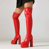 Sexy Over the Knee High Boots Women Platform Red White Black Long Thigh Boot Thick Heels Winter Dance Shoes Lady Large Size 48