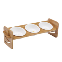 【YSS Dog&amp;Cat】職人木匠原木瓷碗-可調式/三碗斜面(寵物碗架/寵物碗)