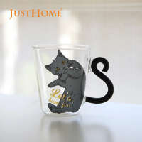 【Just Home】貓咪造型耐熱玻璃馬克杯245ml-慵懶黑貓(杯 玻璃杯 耐熱玻璃)