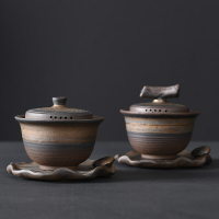 柴燒復古風蓋碗粗陶家用禪意日式粗陶沏茶器敬茶碗三才碗手工茶壺