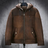 New Mens Brown Shearling Jacket Flight Jacket Hooded Leather Jacket Thicken Mens Winter Coats Short Fur Coat