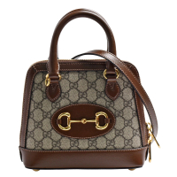 【GUCCI 古馳】Horsebit 1955 mini Supreme帆布皮革飾邊斜背包(迷你-烏木色640716-92TCG-8563)