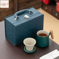 陶瓷茶水分離三件杯過濾茶杯木柄帶蓋辦公泡茶馬克杯禮品訂置LOGO