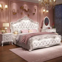 Princess Beds Minimalist Double French Girls Backrest Pink Frame White Leather Queen Size Bed Wooden Mueble Luxury Furniture