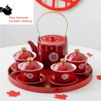 Chinese Red Ceramic Tea Set Gaiwan Teapot Round Tray Handmade Kettle Household Wedding Teaware Sets Accessories Luxury Gifts