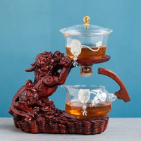 全城熱賣 - 招財貔貅懶人玻璃功夫自動茶具茶杯壺套裝家用泡茶壺神器磁啜感應紅色-招財貔貅光面銀魚泡茶器