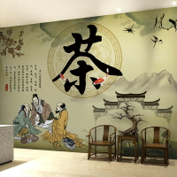 茶道茶藝文化茶莊裝修辦公室中式茶館壁畫布茶樓茶室背景墻紙壁紙