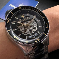MASERATI手錶,編號R8823140008,46mm銀圓形精鋼錶殼,黑色, 雙面機械鏤空鏤空, 中三針顯示, 水鬼錶面,銀色精鋼錶帶款,氣場戴出來!
