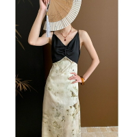 【巴黎精品】洋裝連身長裙-細肩帶拼接褶皺印花女裙子2色a1fz25